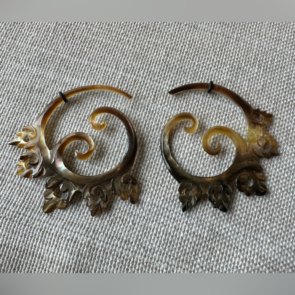 Hand Carved Opalescent Shell earrings for gauged ears.